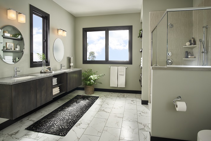 A bathroom with a black rug and a window

Description automatically generated