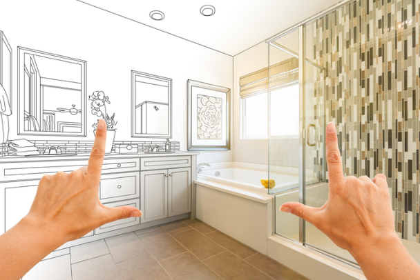 Hands Framing Custom Master Bathroom Photo Section with Drawing Behind.