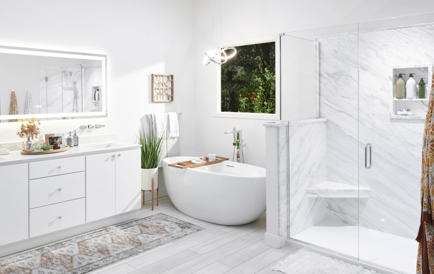 Modern white bathroom with a freestanding tub, glass shower, and marble accents. | Re-Bath